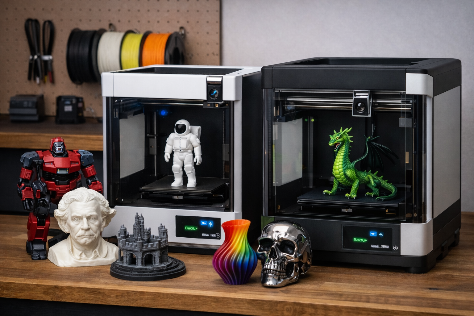 Bambu Lab P2S 3D printer printing a green dragon with other 3D printed models on table